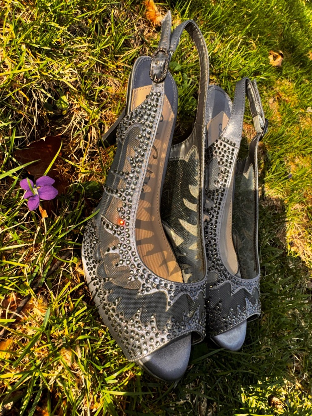 Sexy Rhinestone-Embellished Gunmetal Slingback Peep-Toe Heels.
